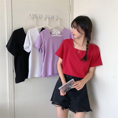 Real shot black square neck top, simple and versatile, exposed clavicle short sleeve T-shirt, Korean version