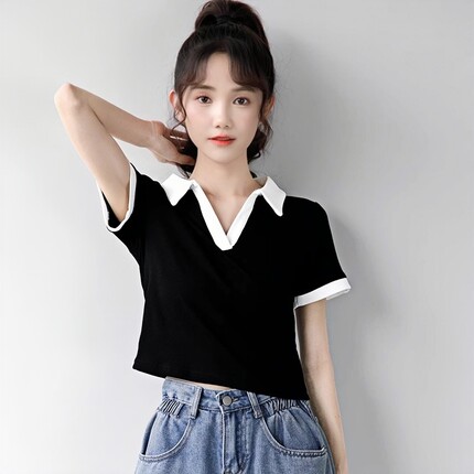 2025夏季新款黑白撞色polo领短袖打底T恤女夏撞色V领显瘦短款上衣