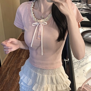 新款 修身 夏季 甜美蕾丝花边圆领短款 t恤女生短袖 纽扣蝴蝶结打底衫