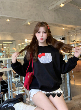 秋冬加绒款蕾丝贴布绣卡通时尚圆领黑色卫衣女学生套头宽松长袖