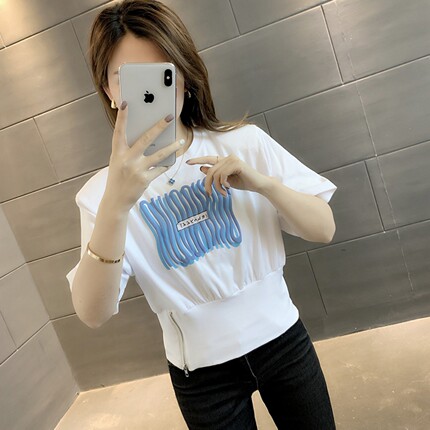 潮酷风格弹力拉链收腰短袖T恤女3D胶印修身瘦腰显瘦百搭上衣