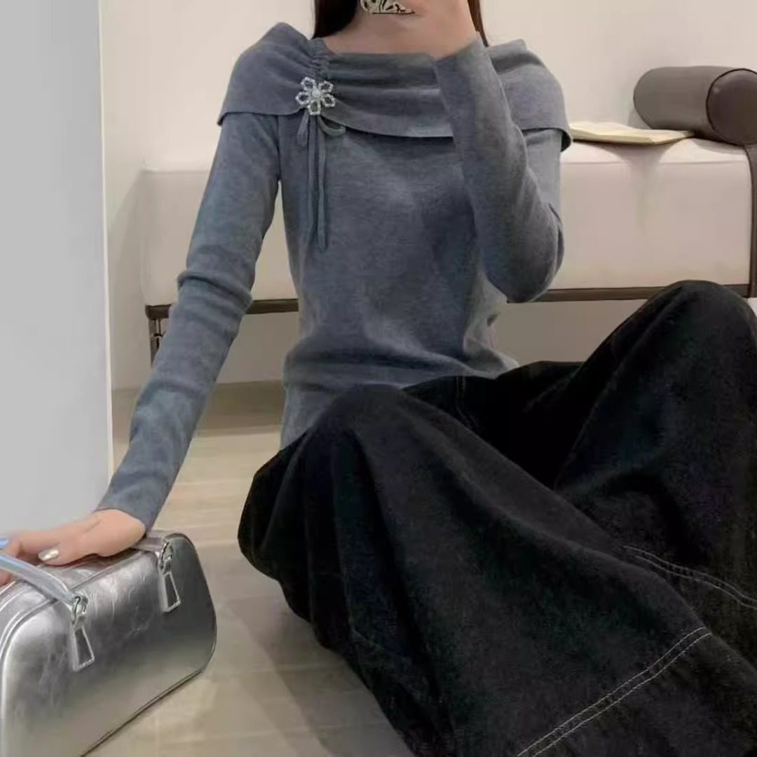 2025春秋新款法式纯欲立体花朵长袖针织衫女一字肩上衣打底衫气质,女装/女士精品,毛针织衫,淘宝优惠券,粉丝福利购,淘宝优惠卷