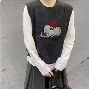 圆领无袖 叠穿套装 毛衣 可爱风小象提花针织马甲两件套女冬季 韩版