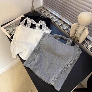 拼接蕾丝挂脖吊带自带固定胸垫修身内搭可外穿纯白美背露背带胸垫