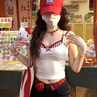 上衣 带胸垫修身 辣妹蕾丝格子蝴蝶结假两件吊带背心女内搭夏季 新款