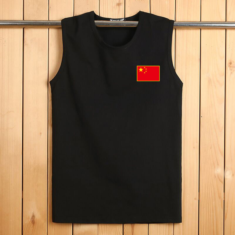 纯棉无袖t恤男国旗印花加肥加大运动背心宽松大码圆领坎肩打底衫