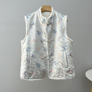 秋冬两面穿新中式国风盘扣缎面刺绣提花上衣毛毛马甲女外搭旗袍