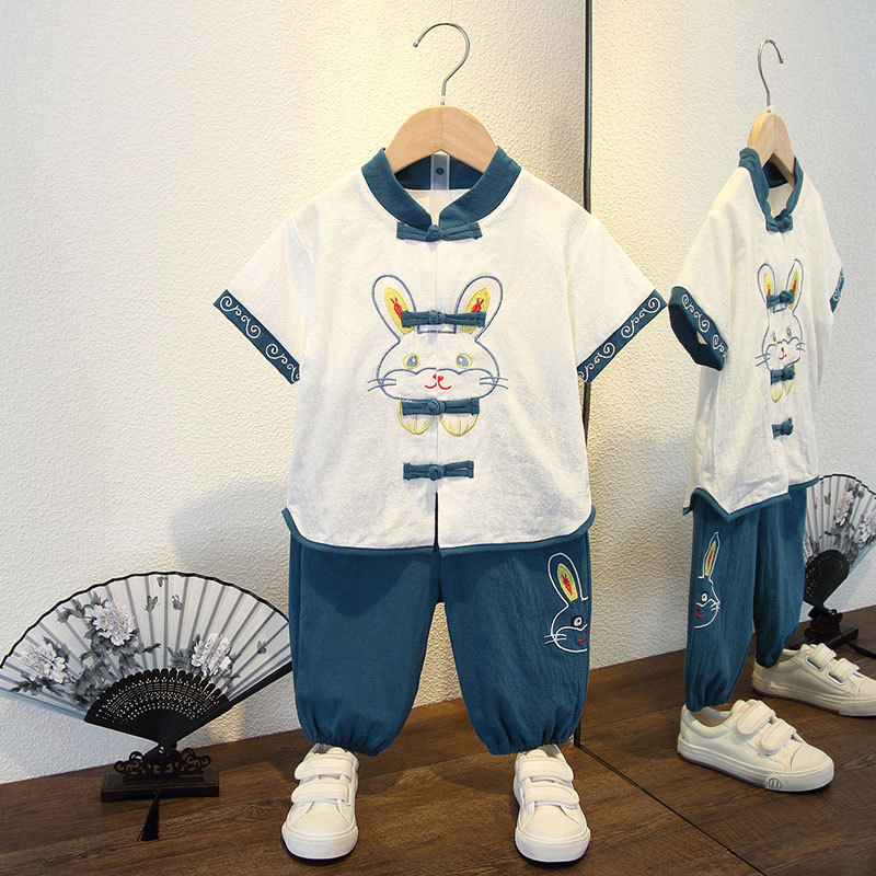 男童漢服中國風(fēng)兒童裝寶寶夏裝短袖套裝夏季棉麻唐裝表演服