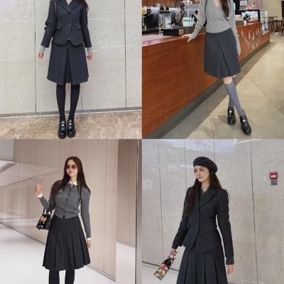 汤元家sd 时尚羊毛套装女秋冬新款短款西装外套百褶半身裙两件套