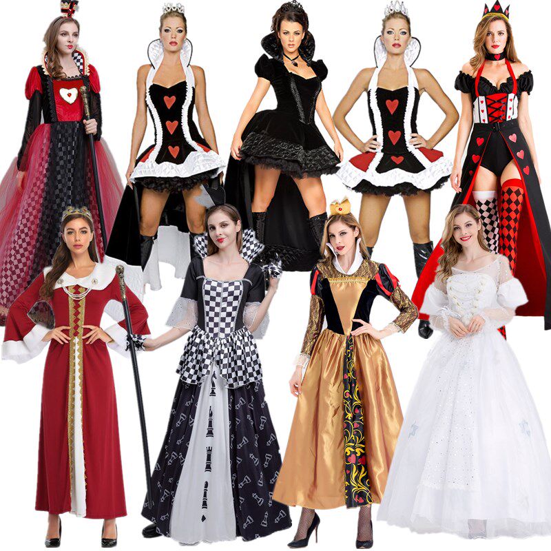 万圣节COS成人毒白皇后红心公主扑克牌女王后妈演出服连衣裙