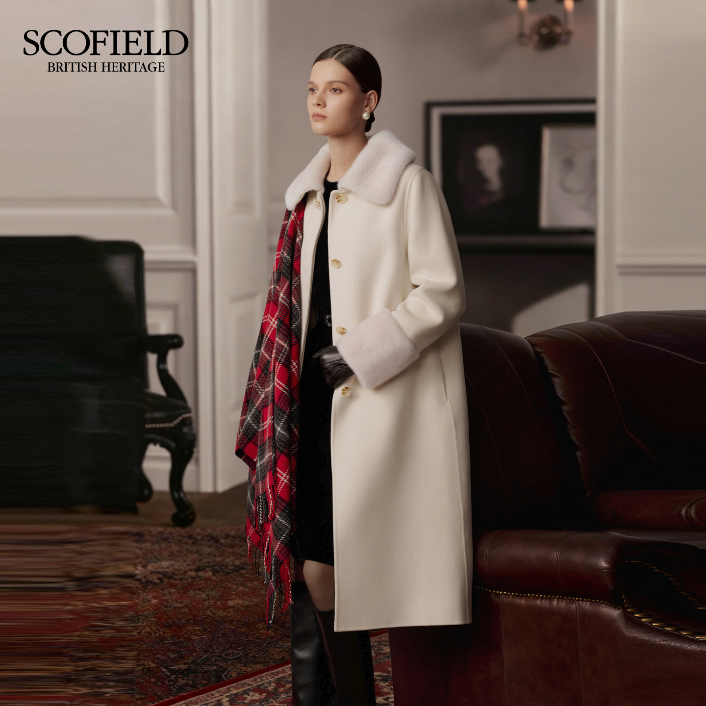 Scofield女装水貂毛领时尚大衣