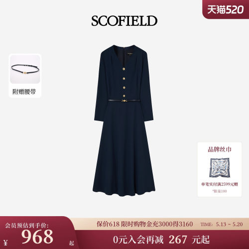 Scofield女优雅七分袖V领连衣裙