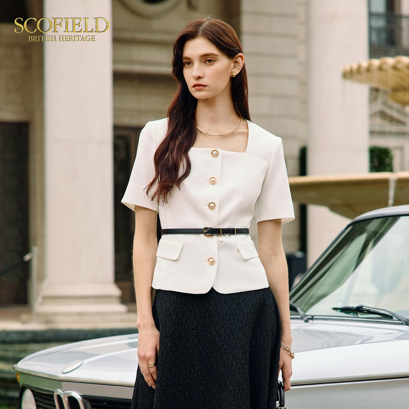 Scofield女装简约白色衬衫收腰香风U领上衣夏季上衣
