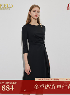 Scofield女装圆领七分袖立体褶皱针织连衣裙OL通勤中长裙子春夏