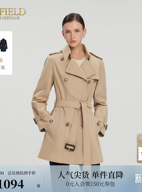 Scofield女装古典英伦风中长款风衣袖口格纹设计双排扣外套