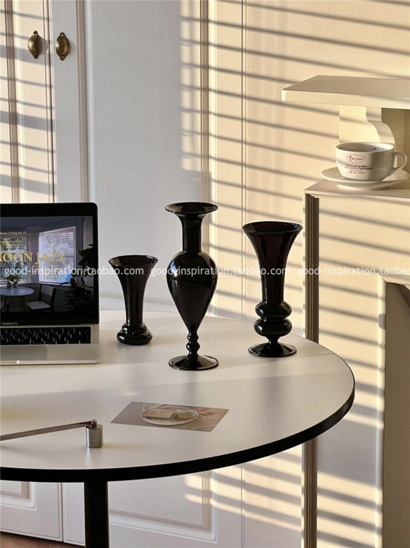 레트로 프렌치 블랙 유리 꽃병 장식품 물 성장 꽃꽂이 장치 홈 인테리어 스타일의 부드러운 장식 하이 엔드 감각