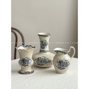 法瓷中古高雅青花着墨花瓶 复古陶瓷器轻奢摆件民宿家居装饰博古