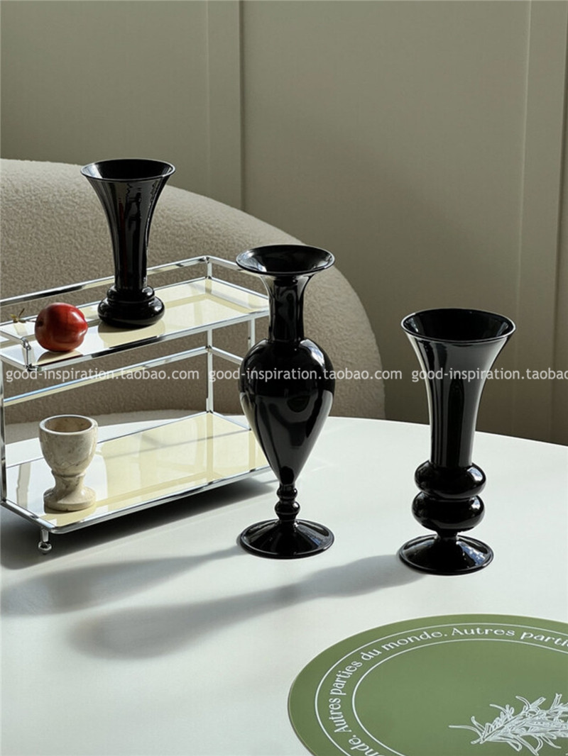 레트로 프렌치 블랙 유리 꽃병 장식품 물 성장 꽃꽂이 장치 홈 인테리어 스타일의 부드러운 장식 하이 엔드 감각