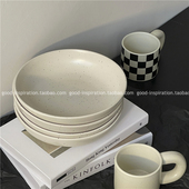 陶瓷泼墨盘子 ins家居日式 哑光深盘西餐盘沙拉盘复古风纯色圆形