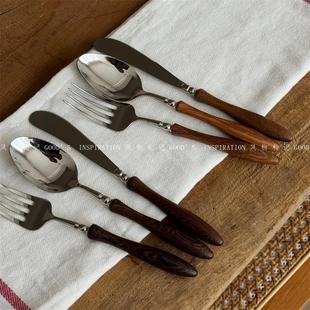 复古鸡翅木花梨木304不锈钢刀叉勺 餐具实木西餐酒店牛排刀叉简约