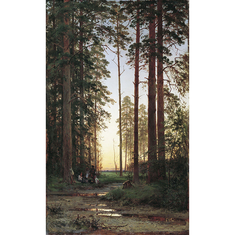 希施金俄罗斯欧式乡村森林夕阳风景油画装饰画卧室挂画背胶自粘画
