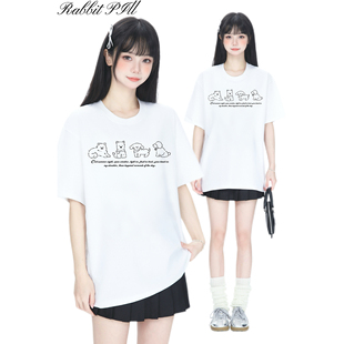 古屋兔丸极简线条小狗原创印花230g纯棉ins风韩系学生短袖T恤女