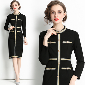 RM9094#新款法式黑色小香风连衣裙精品锦棉罗马面料