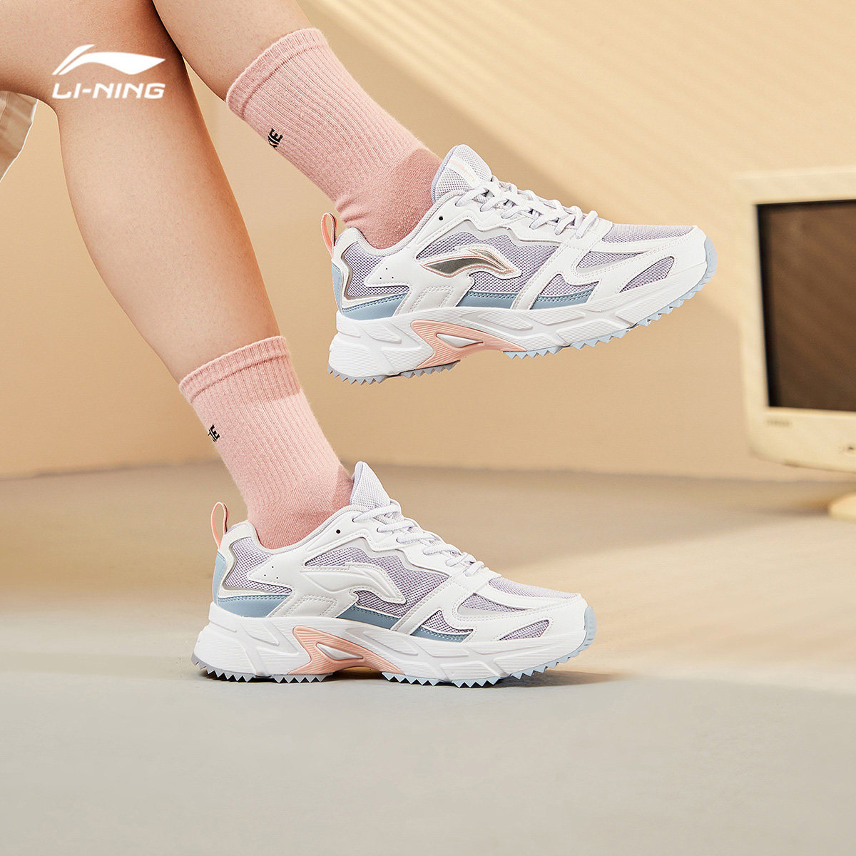 李宁运动鞋女跑步鞋秋季新款女鞋复古跑鞋休闲鞋小坏紫老爹鞋奶酷