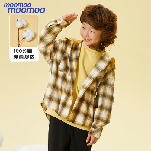 moomoo童装男格子衬衫2022连帽