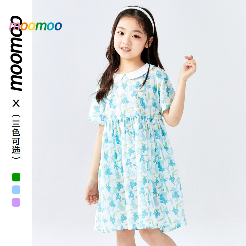 moomoo童装女童夏季新款图案连衣裙清新可爱甜美中大童多色连衣