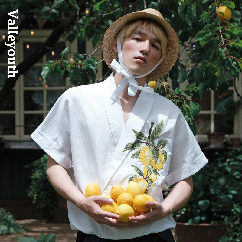 黄柠 复古柠檬刺绣落肩宽松版棉麻夏季潮流衬衫 山谷少年原创男装