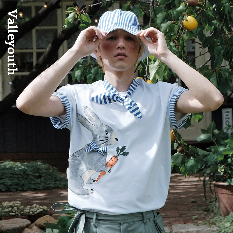 灰灰兔 贴布绣装饰夏季潮流趣味T恤 山谷少年设计师原创男装