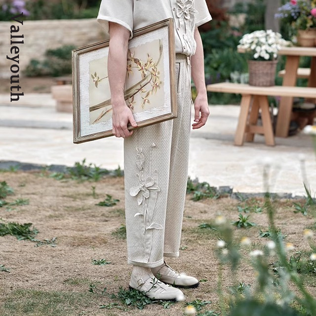 山谷少年手工兰花南法风九分裤