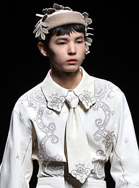 绻枝 秀款复古刺绣米色免打结领带 山谷少年独立设计师原创男装