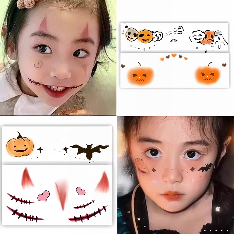 万圣节脸贴儿童纹身贴纸妆容男生南瓜女巫可洗式恶魔可爱装扮女童腮红水印脸部脸上圣诞节贴纸化妆装饰品道具