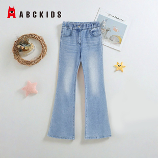 F231311208 春款 abckids童装 2025女童蕾丝口袋花朵绣花牛仔长裤