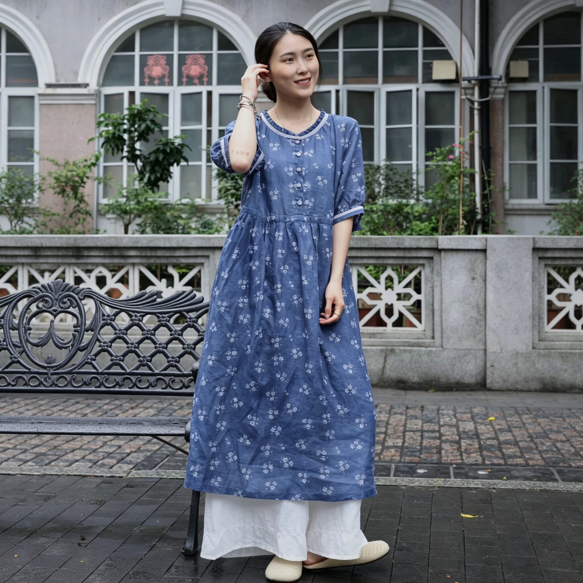 复古藏蓝碎花苎麻大码连衣裙