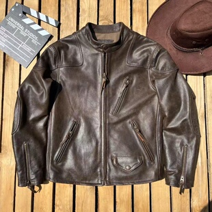 日系RRL毒液复古真皮皮衣男士修身机车短款龟裂头层牛皮夹克外套