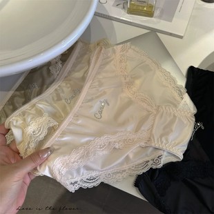 专柜小钻细闪蕾丝边性感甜美少女生中低腰三角内裤 法式 女士粉奶油