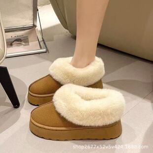 网红短筒雪地靴女冬季加绒加厚毛毛鞋2026新款厚底保暖一脚蹬棉鞋
