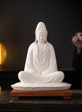 德化陶瓷莲花自在观音菩萨摆件