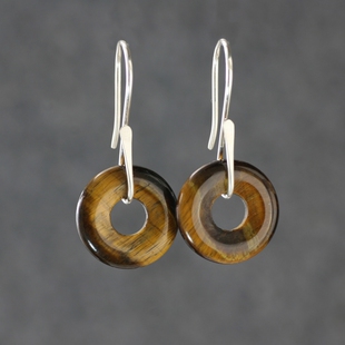 素元天然虎睛石耳环女卡其色平安扣耳饰女S990足银防过敏古典耳坠