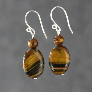 天然虎眼石纯银耳环网红卡其香槟色文艺复古多纹椭圆形半宝石耳饰