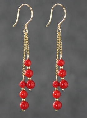 素元 14KGF包注金耳环女红色海竹原创复古手工红色本命年喜庆耳坠