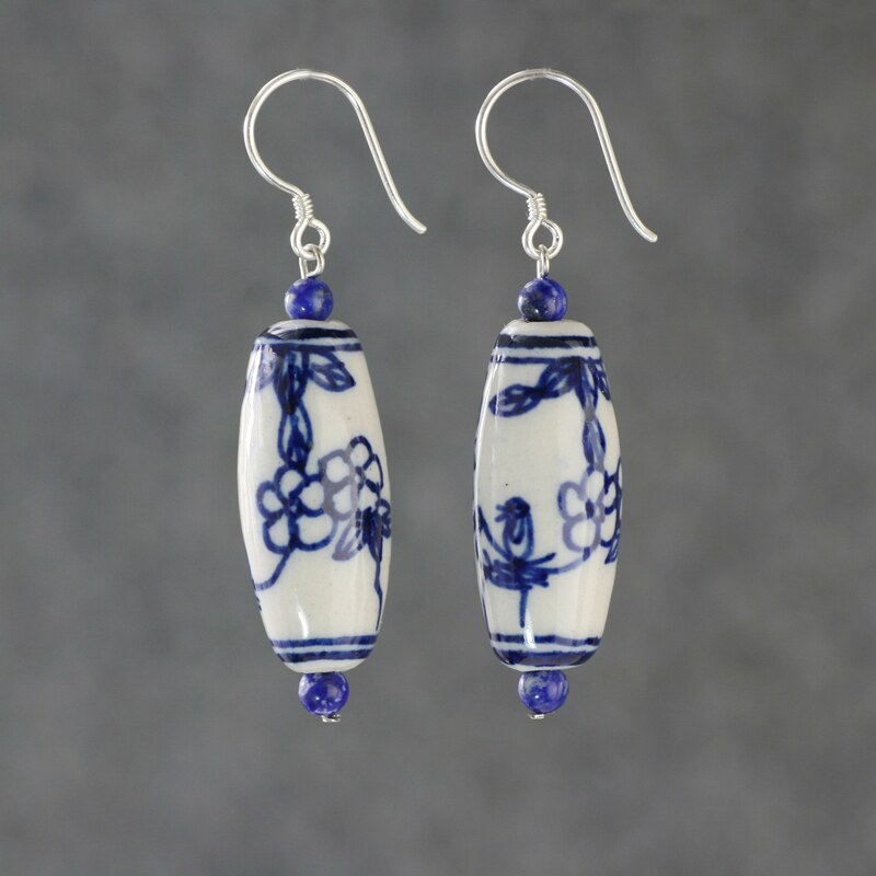 青花瓷大款耳环纯银女原创民族风手工陶瓷古典蓝色文艺术耳坠首饰