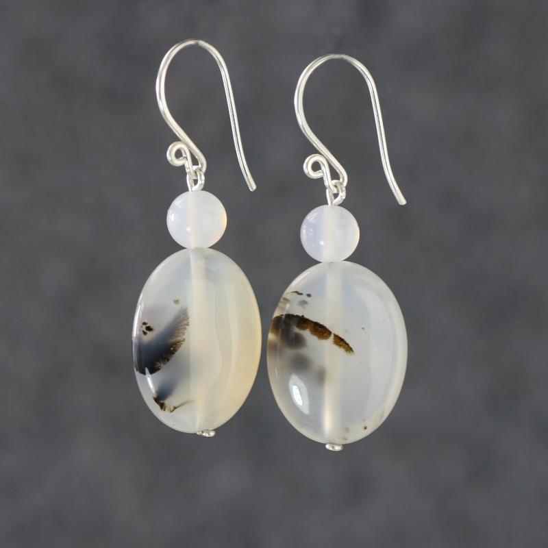 天然白色风景玛瑙纯银耳环椭圆形大款半宝石装饰文艺夸张网红耳饰