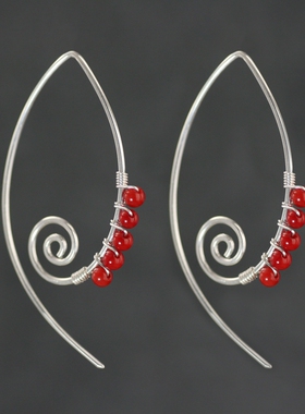 素元 红色海竹纯银耳环S99足银耳坠女原创韩国手工首饰掐丝耳饰品