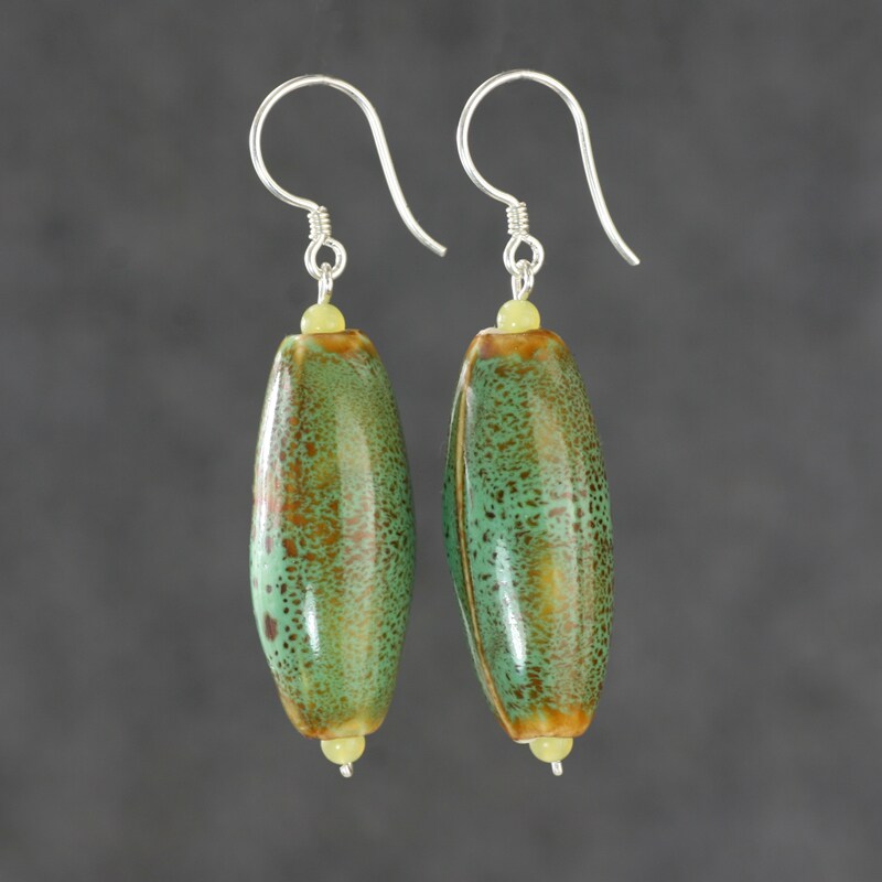 苔青绿米形长款艺术陶瓷耳环女纯银网红原创设计古典小众手工耳坠