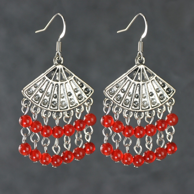 红玛瑙耳环女红宝石本命年饰品气简长款特色复古民族风扇形耳坠饰