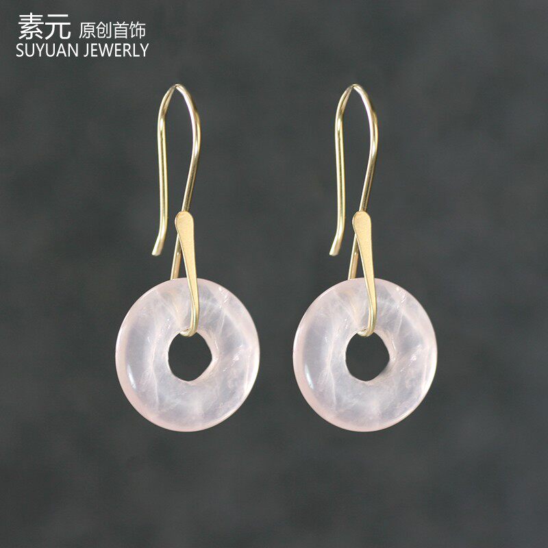 天然粉水晶平安扣耳环粉色芙蓉晶甜甜圈耳饰S990足银新中式耳坠